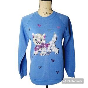 Vintage 90s Blue Sequin Kitty Cat Girly Crewneck Sweatshirt